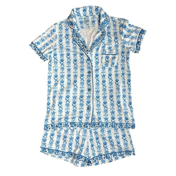 Pink Palm Puff Pajamas in Seabreeze BLUE Size M Supima Cotton Short Set NEW - Picture 1 of 12